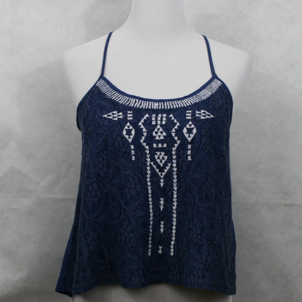 Vintage 60’s Miss Daisy Blue Lace Front Cropped Top w/ Spaghetti Straps SZ L EUC